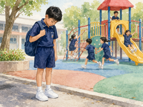 A boy of about 10 in a navy-blue Singapore primary school uniform stands at the edge of a playground, gripping the strap of his backpack tightly and looking down at his bright white sneakers. In the soft-focus background, other children play on colourful playground equipment.