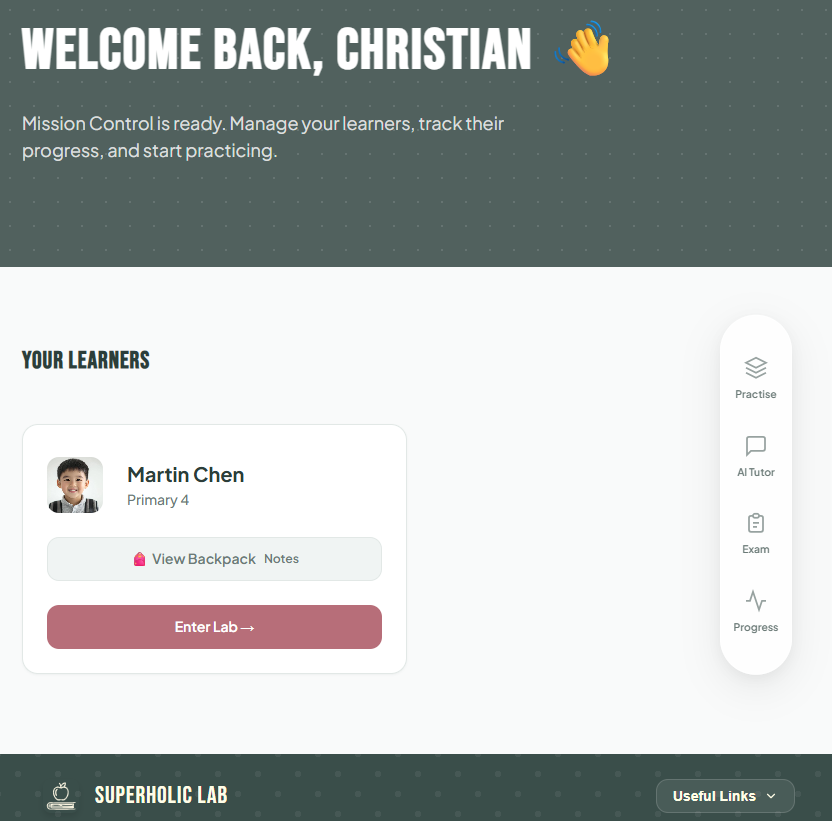 Superholic Lab dashboard showing all-subject progress