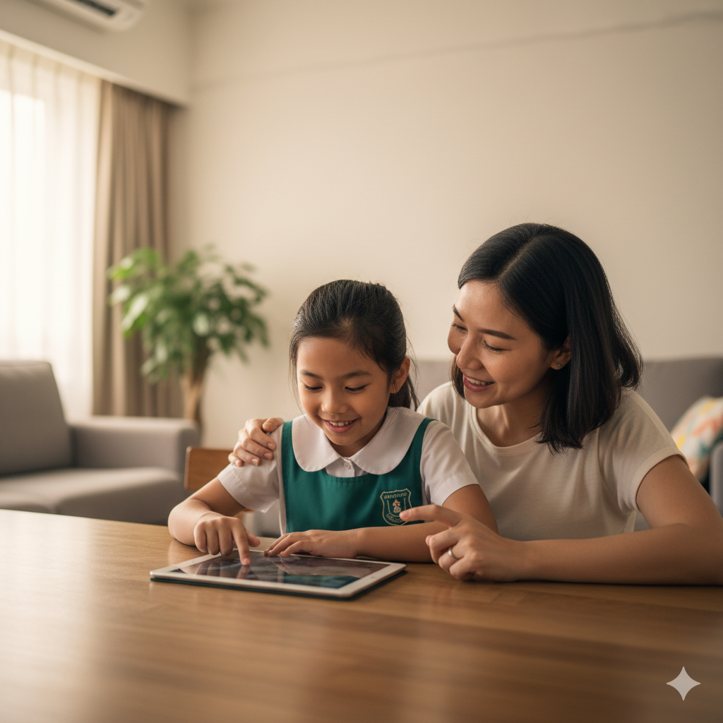 Singapore mother and daughter reviewing Superholic Lab on iPad