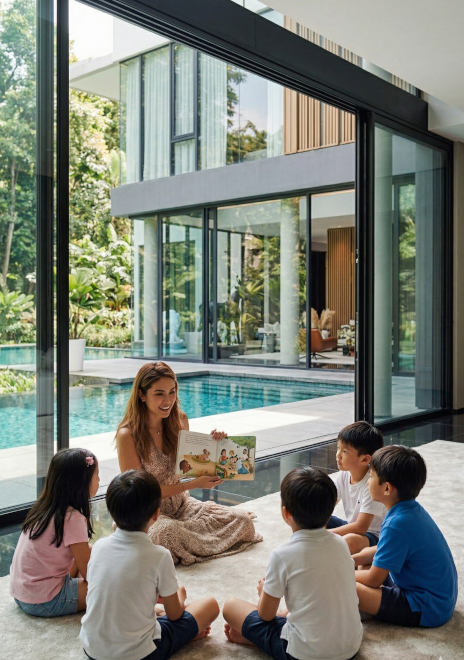 Parent and child reviewing English practice together